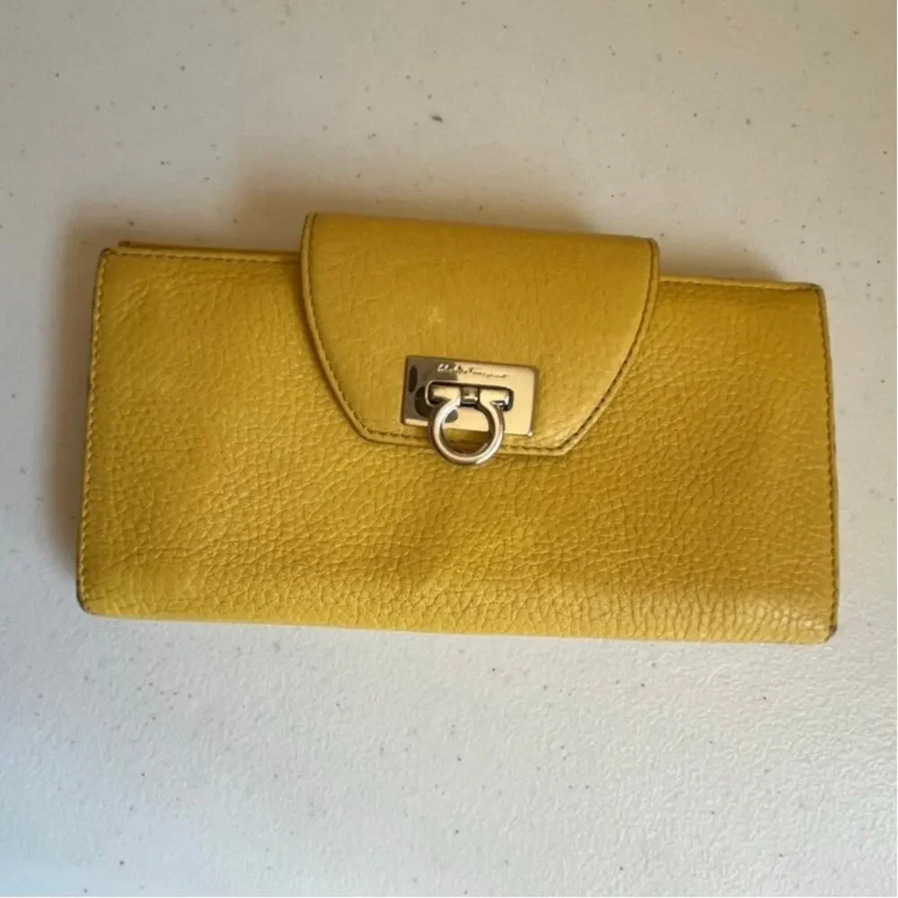 Salvatore Ferragamo Gancini Leather Long Wallet Yellow Luxury Designer Italy
